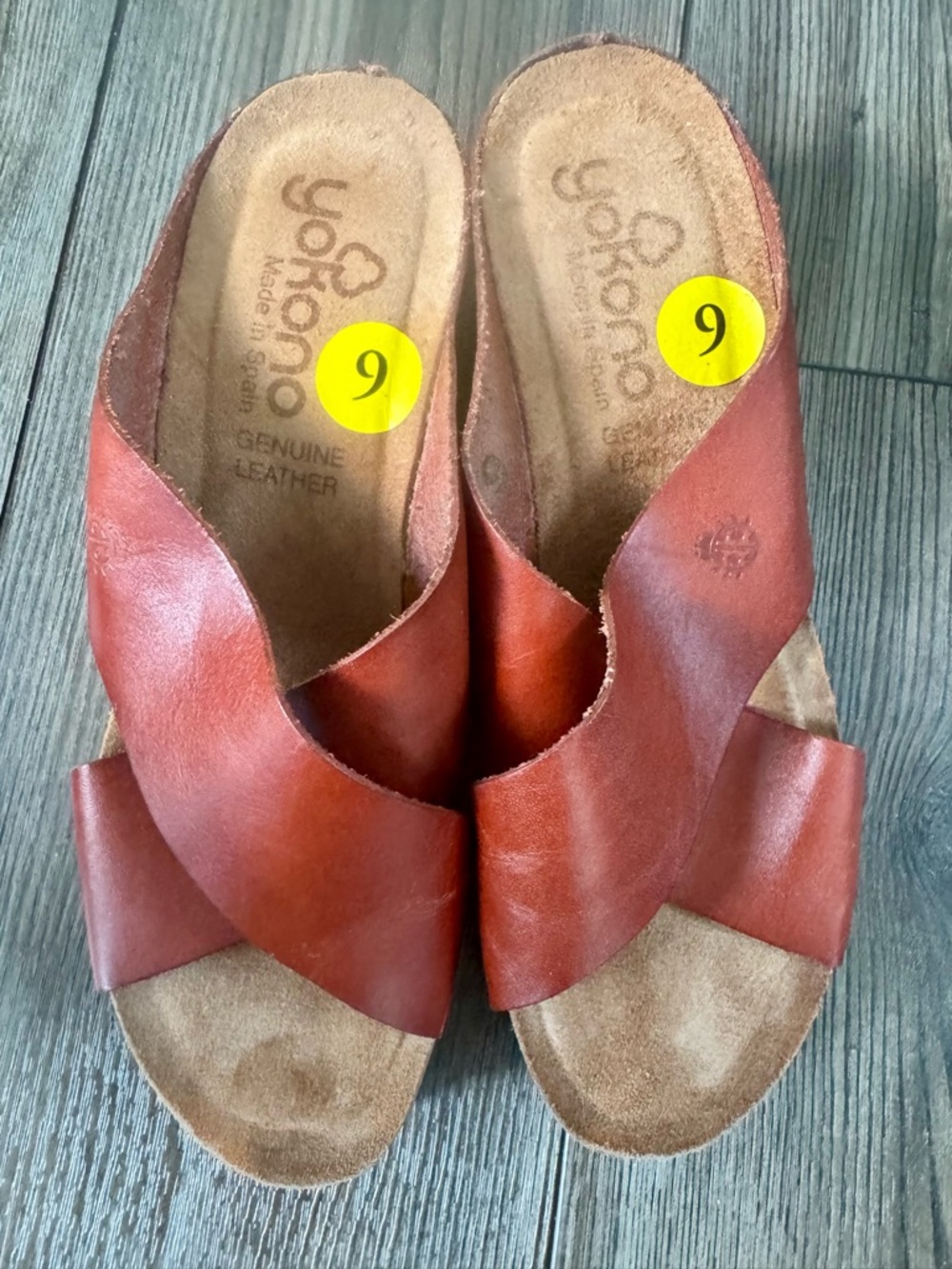 Yokono Chestnut Leather Crossover Slide Sandals - Chestnut cork wedge